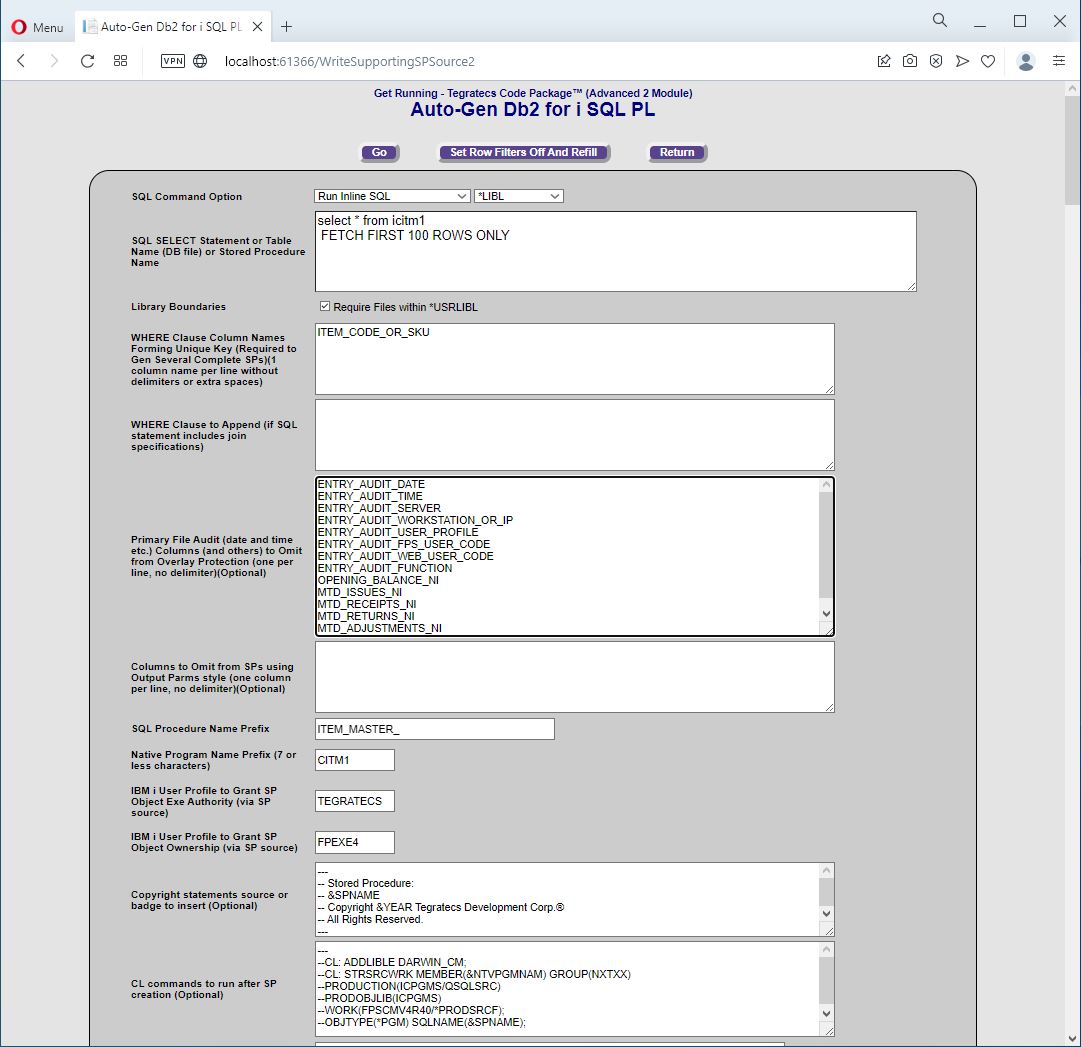 Auto-Gen Db2 for i SQL PL for Item Master web page (first part) from Get Running - Tegratecs Code Package (Advanced 2 Module)